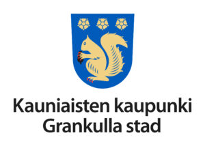 Grankullas vapen och texten "Kauniaisten kaupunki", "Grankulla stad".