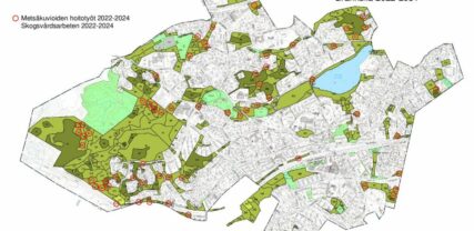 Kauniaisten metsäkuviokartta, jossa näkyy metsäkuvioiden hoitotyöt 2022-2024.