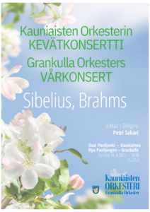 Kauniaisten orkesterin kevätkonsertti. Grankulla orkesterns vårkonsert. Sibelius, Brahms. johtaa, dirigent Petri Sakari. Uusi Paviljonki, Nya Paviljongen. su / sön 16.4.2023. - 18.00. 15 /25€. 